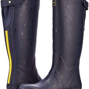 Joules Women's Welly Print Navy Raindrops Pull-On Rain Duck Boots Wellibob *NEW*